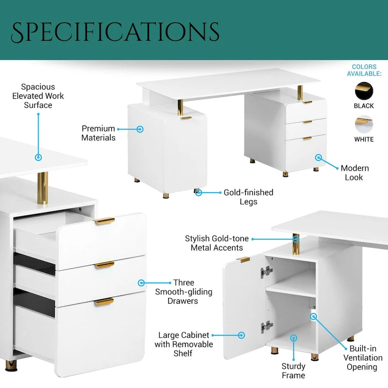 Modern Executive Floating Desk with 3 Drawers & Sleek Work Surface