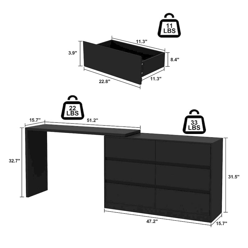 Makeup Desk Rotating Dresser and Desk 6 Drawer Dresser Vanity Makeup