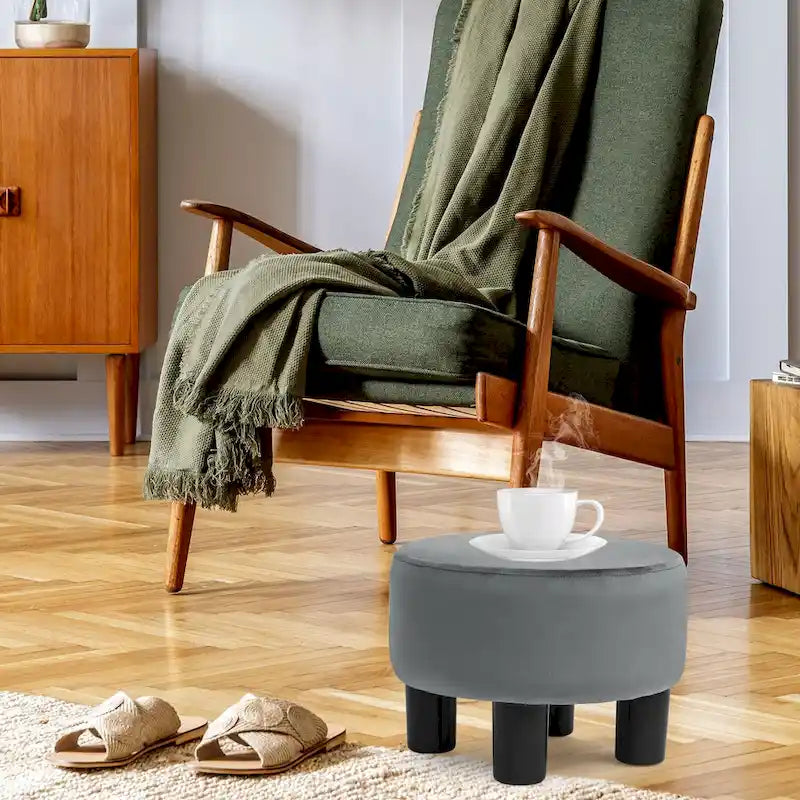 Adeco Round Ottoman Velvet Footrest Stool Modern Padded Seat Footstool