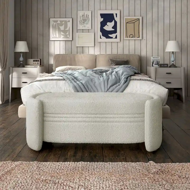 Contemporary Boucle Storage Bench for Bedroom Entryway