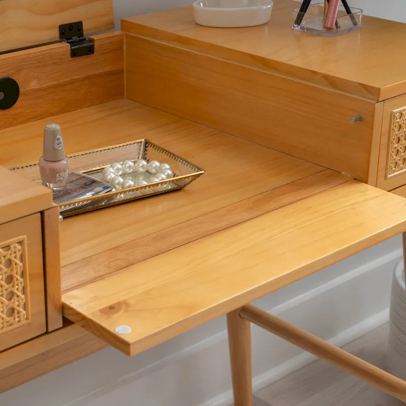 Natural Wooden 2 Cane Drawer Vanity
