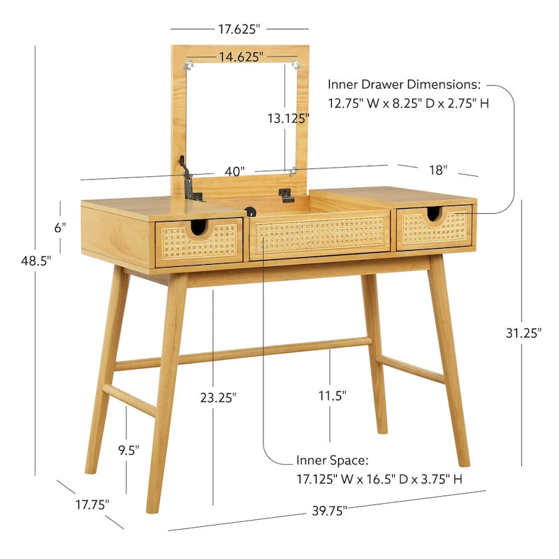 Natural Wooden 2 Cane Drawer Vanity