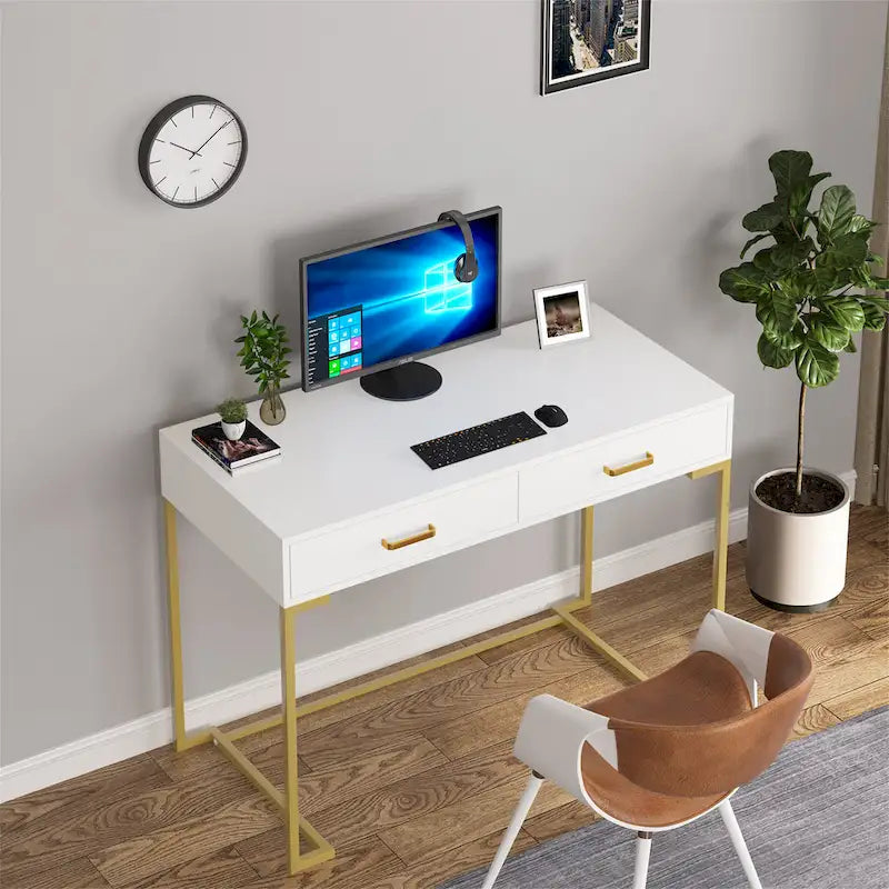 Computer Desk with 2 Drawers, ModernStudy Writing Table with Storage for Home Office
