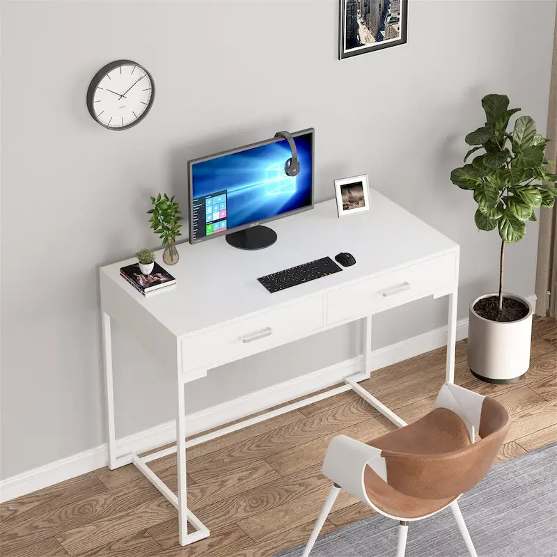 Computer Desk with 2 Drawers, ModernStudy Writing Table with Storage for Home Office
