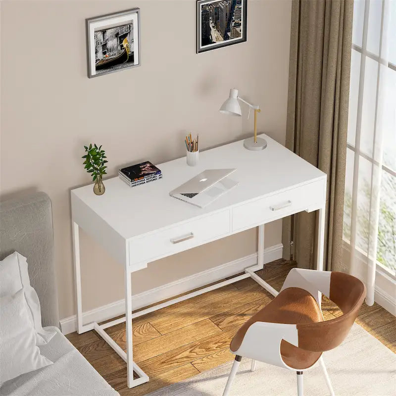 Computer Desk with 2 Drawers, ModernStudy Writing Table with Storage for Home Office