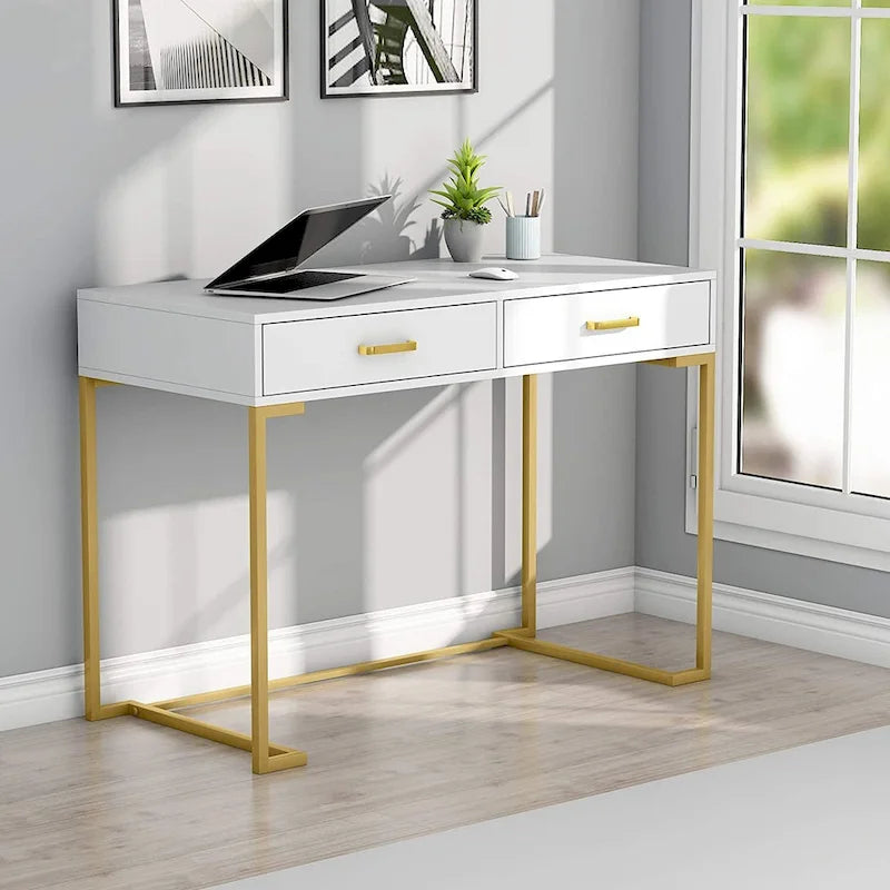 Computer Desk with 2 Drawers, ModernStudy Writing Table with Storage for Home Office