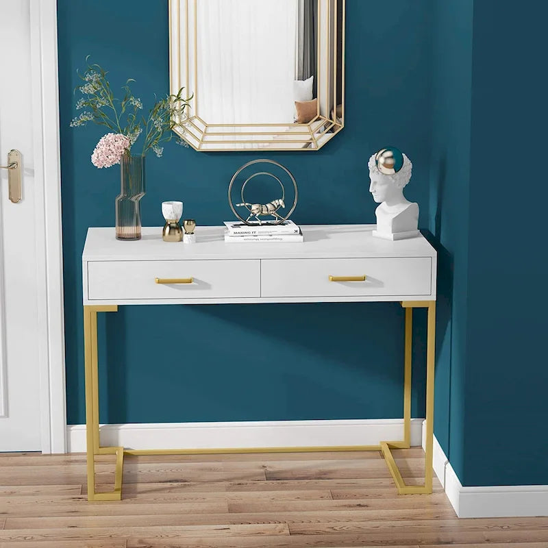 Computer Desk with 2 Drawers, ModernStudy Writing Table with Storage for Home Office