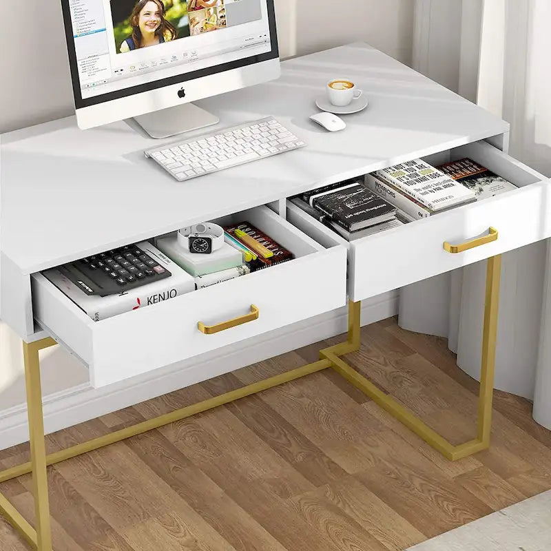 Computer Desk with 2 Drawers, ModernStudy Writing Table with Storage for Home Office