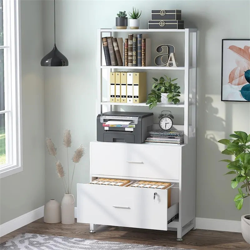 Brown/ Black 4-Tier Tall File Cabinet with Lock, Multi-Functional Shelf Units for Collection,Filing Cabinet Bookshlves