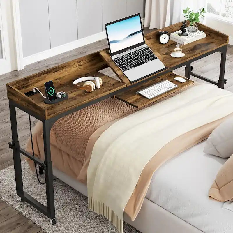 Height Adjustable Overbed Table with Wheels, Mobile Laptop Cart with Outlets & USB Ports