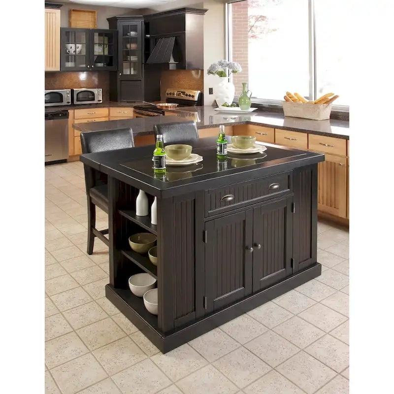 Black Wood and Granite Inlay Kitchen Island