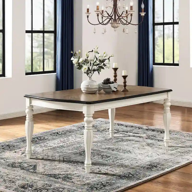 French Country Dining Table, Antique White and Weathered Oak Finish
