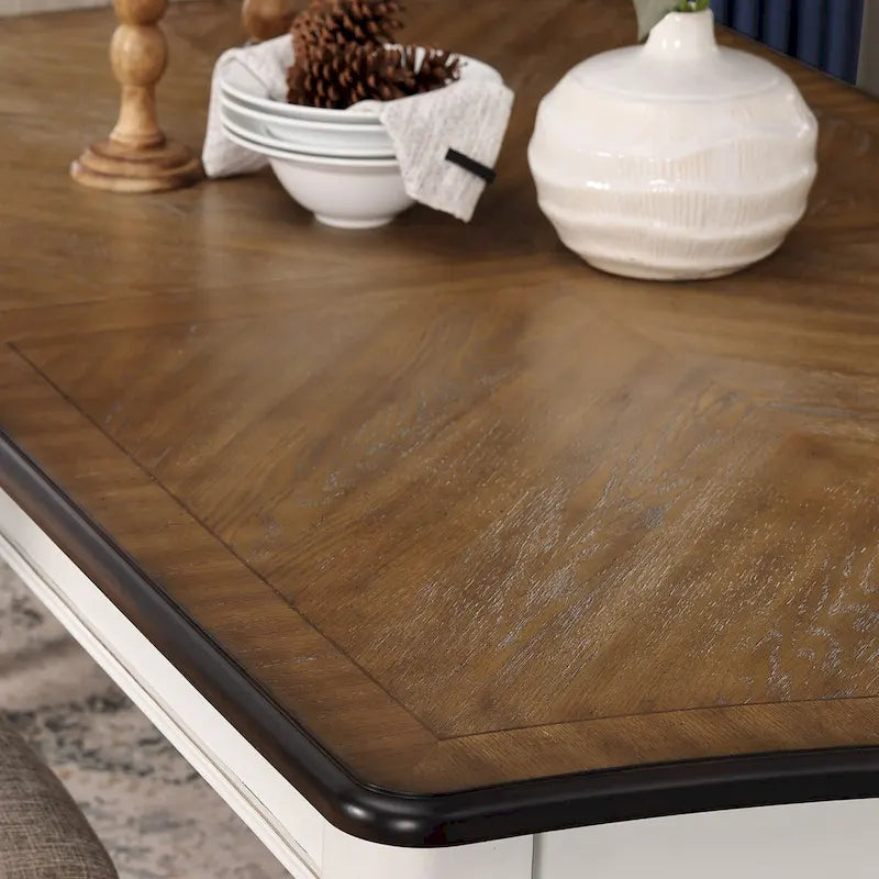 French Country Dining Table, Antique White and Weathered Oak Finish