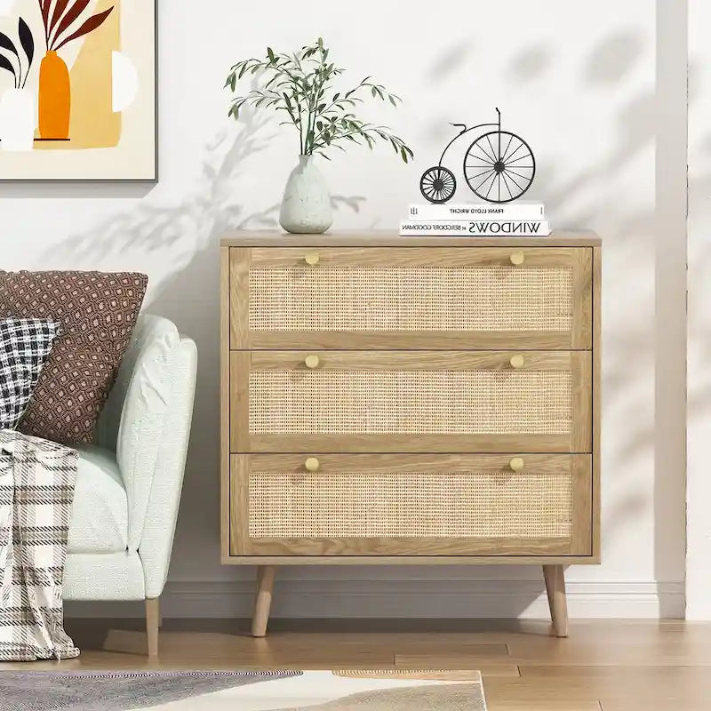 3-Drawer Rattan Dresser Modern Boho Chest of Drawers with Spacious Storage for Bedroom