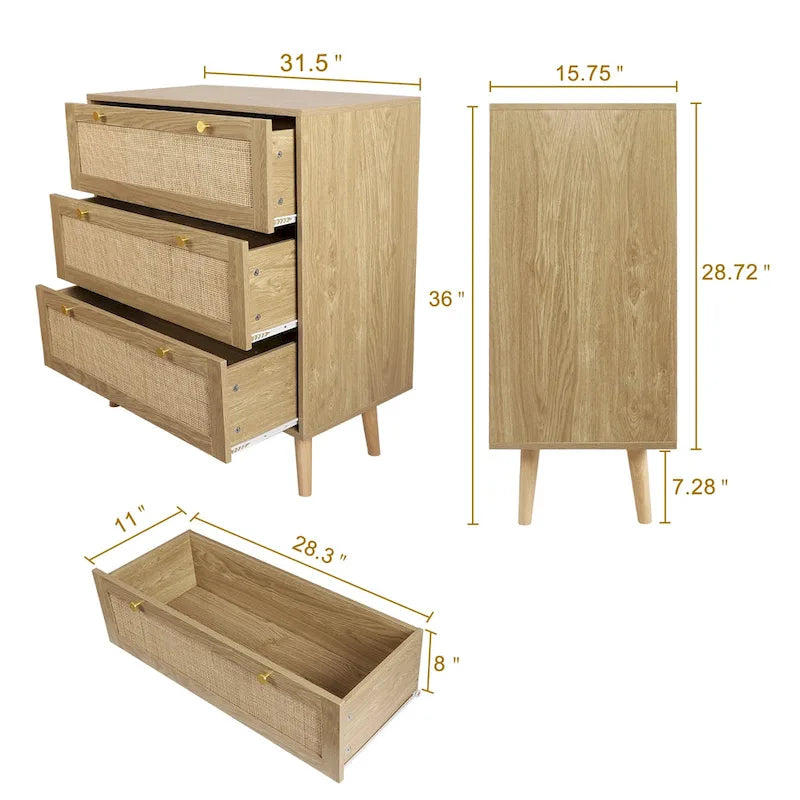 3-Drawer Rattan Dresser Modern Boho Chest of Drawers with Spacious Storage for Bedroom
