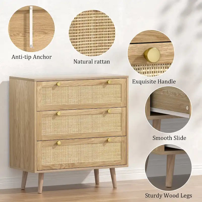 3-Drawer Rattan Dresser Modern Boho Chest of Drawers with Spacious Storage for Bedroom
