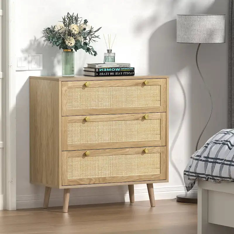 3-Drawer Rattan Dresser Modern Boho Chest of Drawers with Spacious Storage for Bedroom