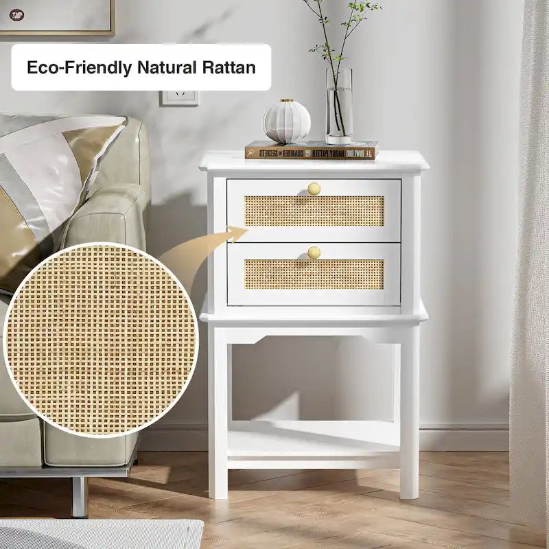 Modern 27.95H Tall 2-Drawer White Nightstand Wood Rattan Side End Table for Bedroom with Storage Shelf
