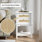 Modern 27.95H Tall 2-Drawer White Nightstand Wood Rattan Side End Table for Bedroom with Storage Shelf