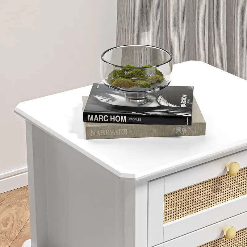 Modern 27.95H Tall 2-Drawer White Nightstand Wood Rattan Side End Table for Bedroom with Storage Shelf