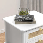 Modern 27.95H Tall 2-Drawer White Nightstand Wood Rattan Side End Table for Bedroom with Storage Shelf