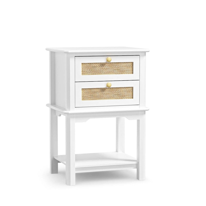 Modern 27.95H Tall 2-Drawer White Nightstand Wood Rattan Side End Table for Bedroom with Storage Shelf