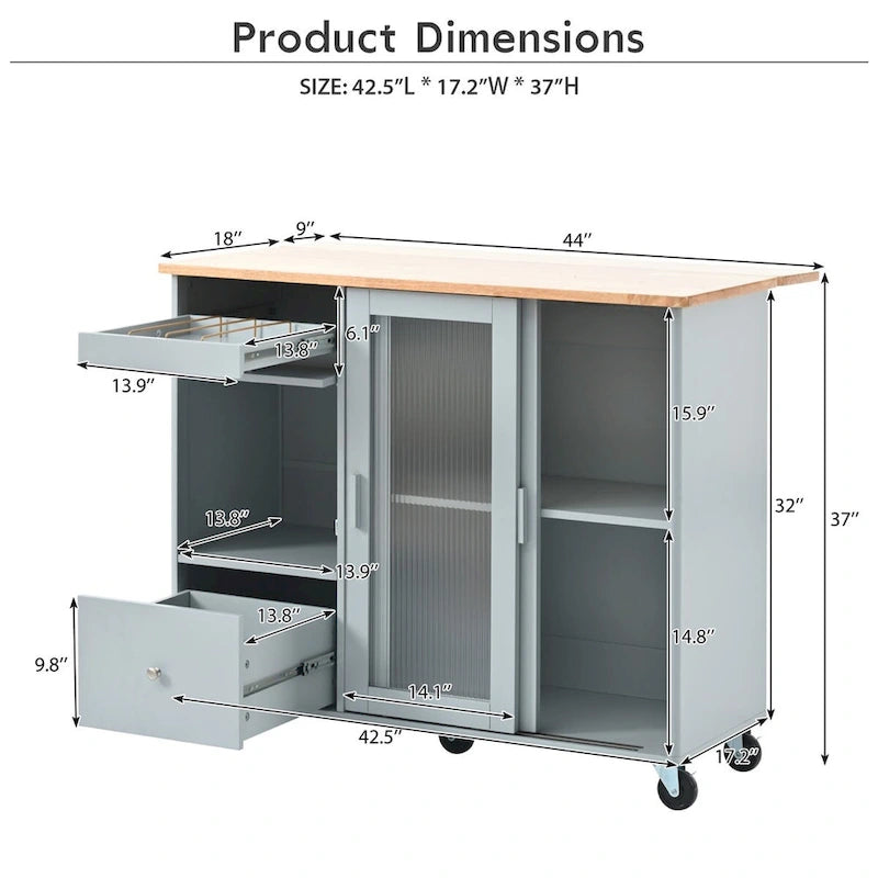 Large Kitchen Island Cart with an Adjustable Shelf and 2 Drawers