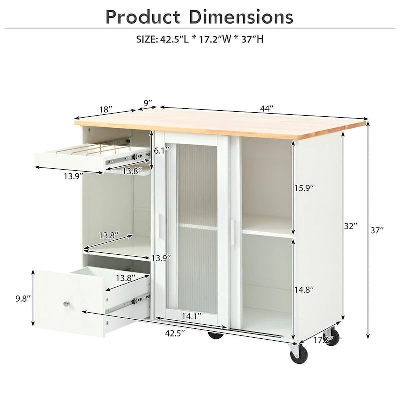 Large Kitchen Island Cart with an Adjustable Shelf and 2 Drawers
