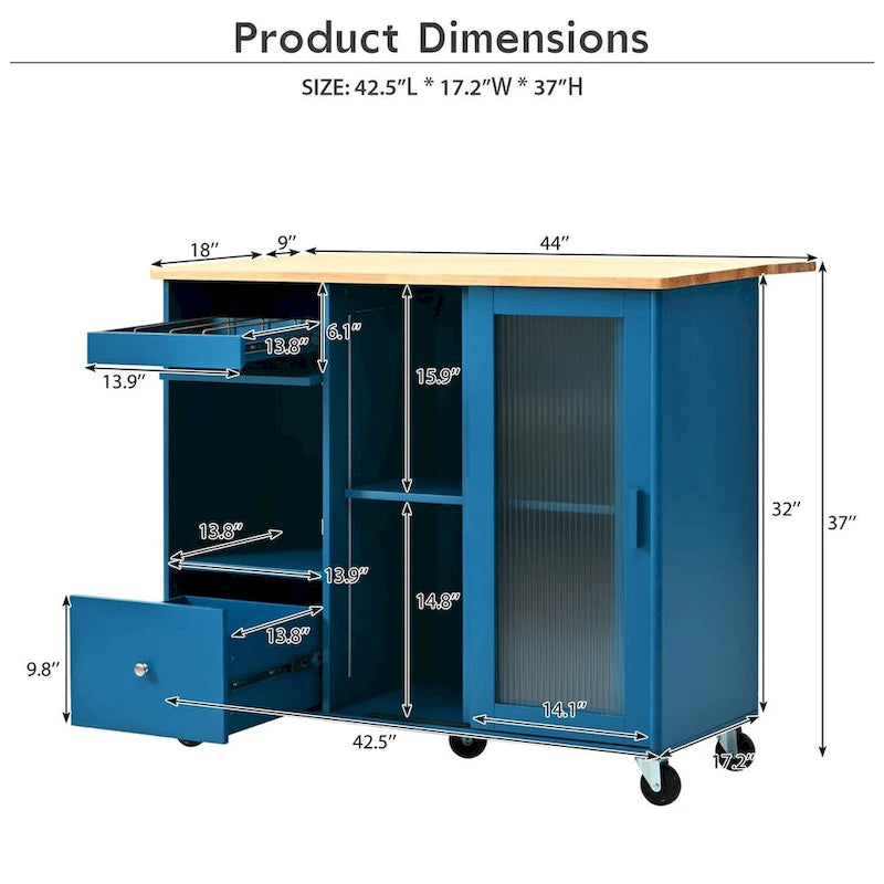 Large Kitchen Island Cart with an Adjustable Shelf and 2 Drawers
