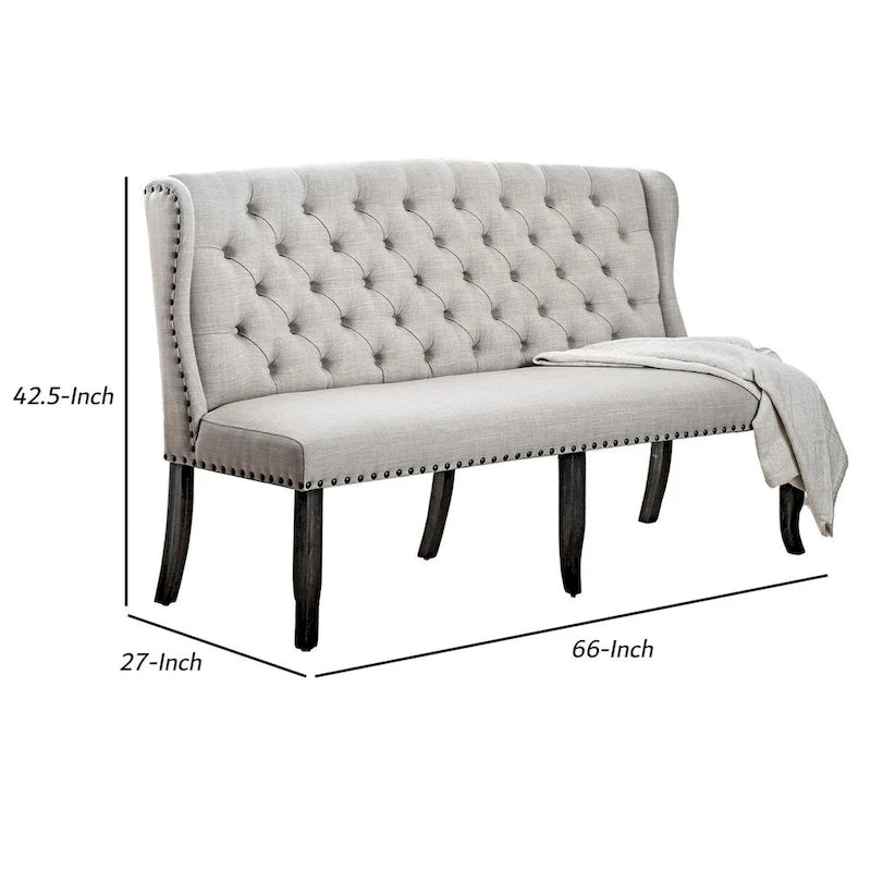 Stylish Long bench with tufted back, ivory