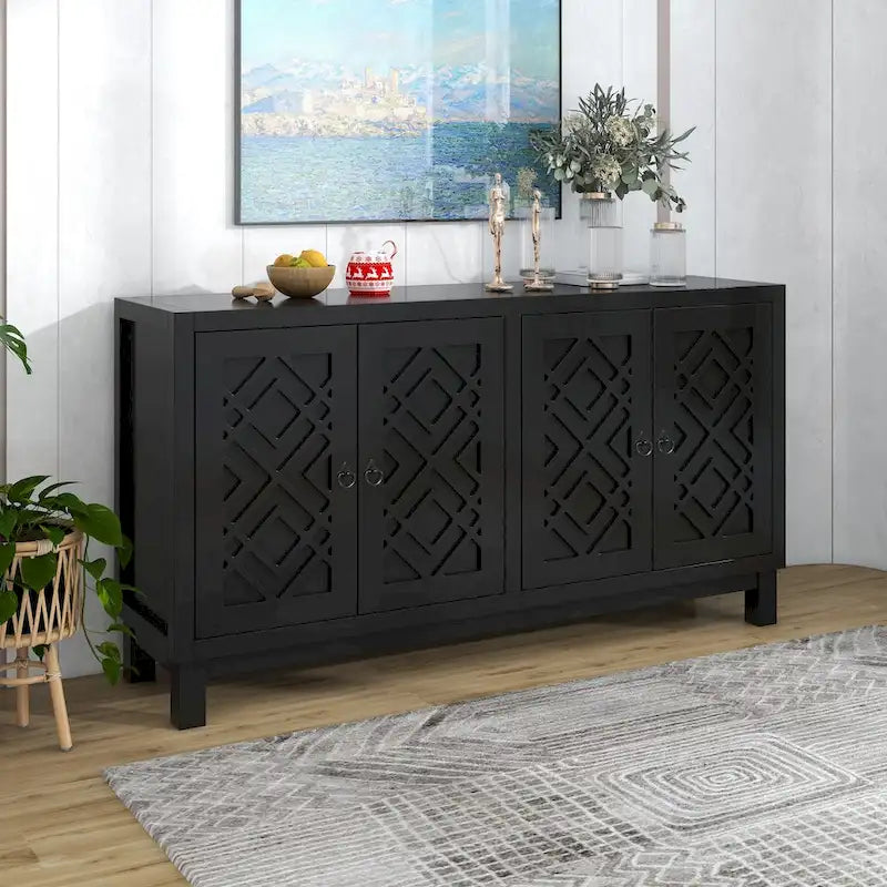 Large Storage Space Sideboard,4 Door Buffet Cabinet with Pull Ring Handles - N/A