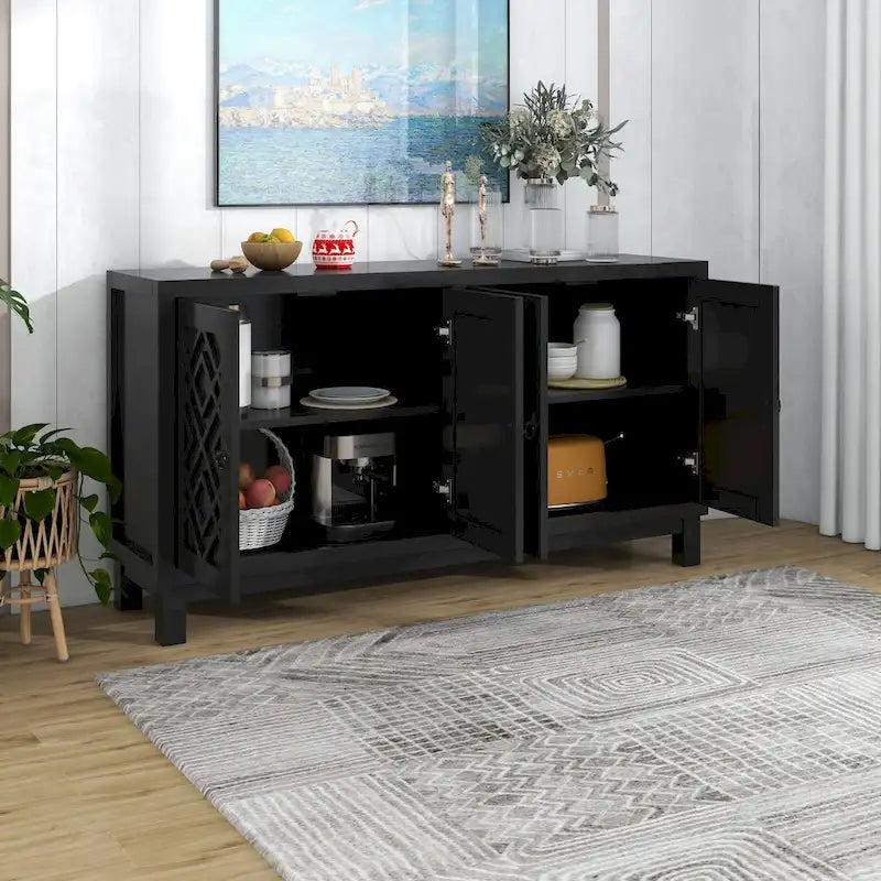 Large Storage Space Sideboard,4 Door Buffet Cabinet with Pull Ring Handles - N/A