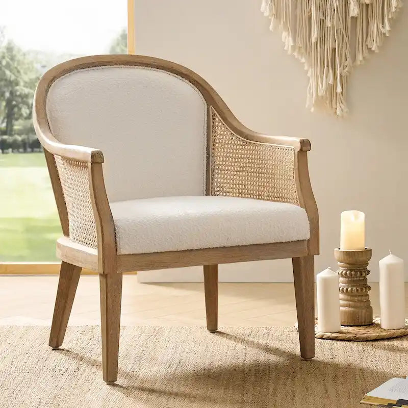 Danilo Farmhouse Rattan Solid Wood Armchair with Solid Wood Legs