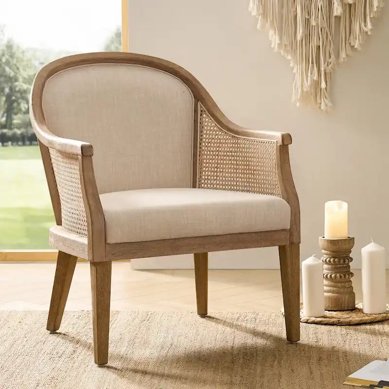 Danilo Farmhouse Rattan Solid Wood Armchair with Solid Wood Legs
