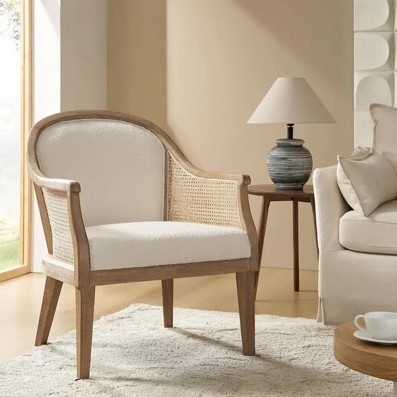 Danilo Farmhouse Rattan Solid Wood Armchair with Solid Wood Legs