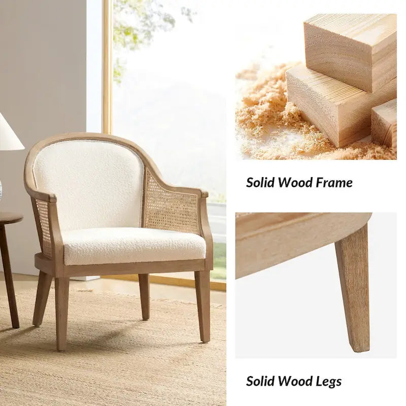 Farmhouse Rattan Solid Wood Armchair with Solid Wood Legs