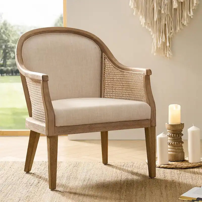 Farmhouse Rattan Solid Wood Armchair with Solid Wood Legs