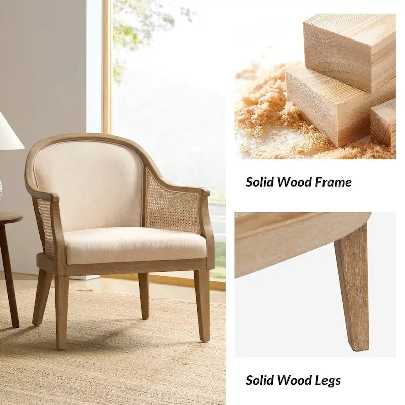 Farmhouse Rattan Solid Wood Armchair with Solid Wood Legs