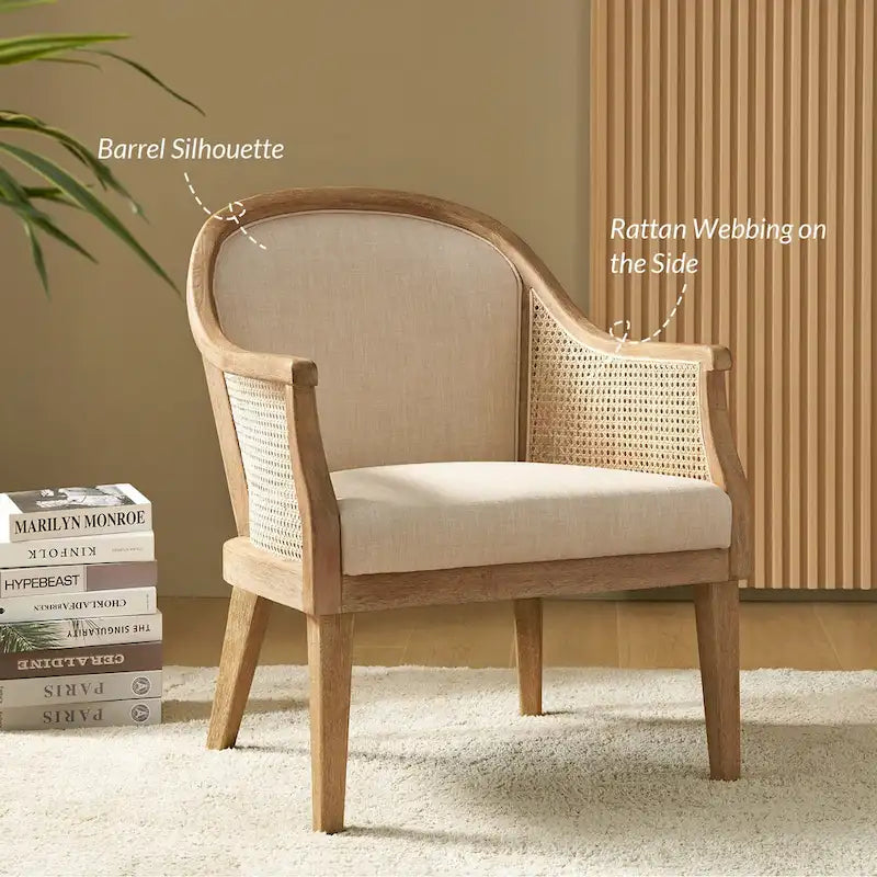 Farmhouse Rattan Solid Wood Armchair with Solid Wood Legs