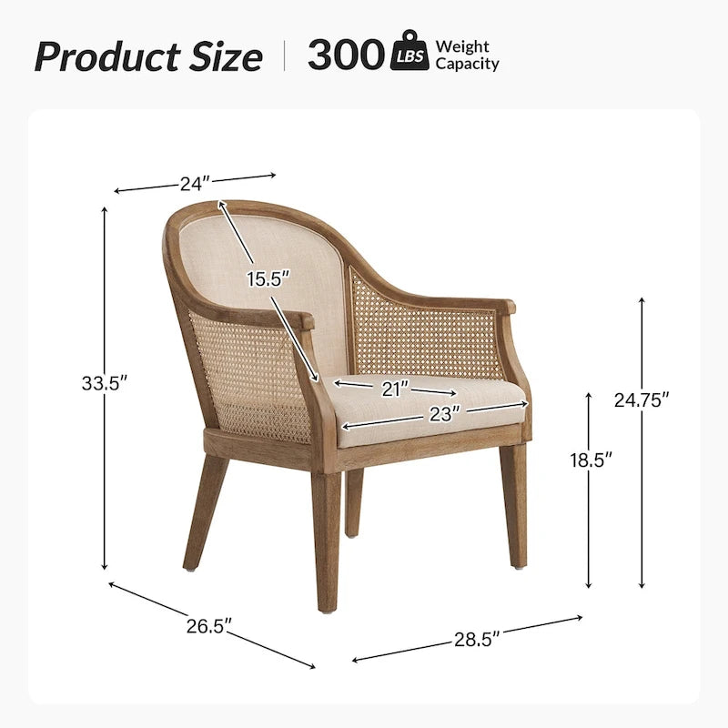 Farmhouse Rattan Solid Wood Armchair with Solid Wood Legs