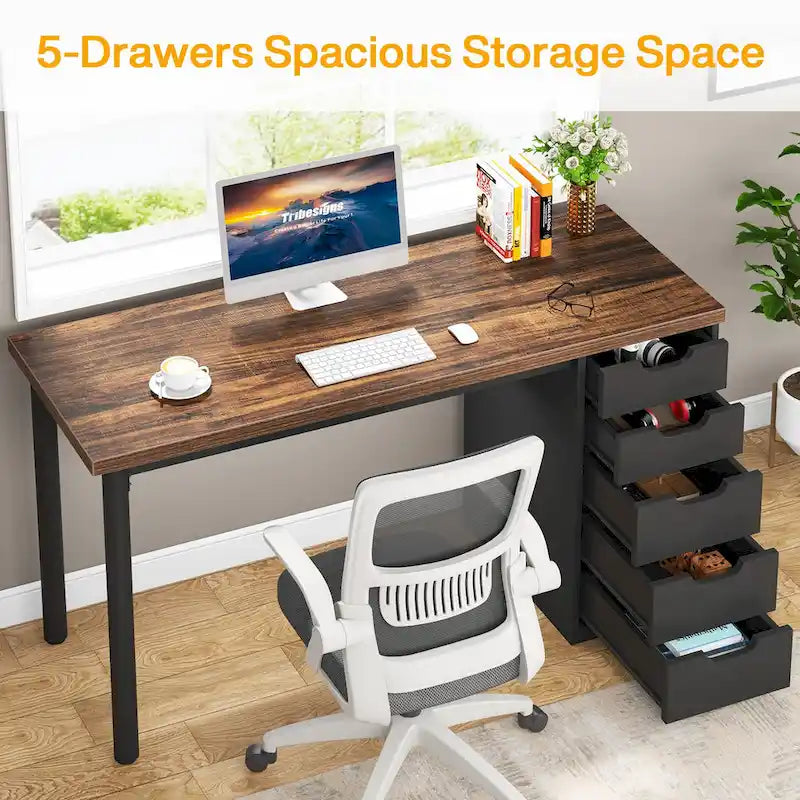Modern Simple Computer Desk Study Writing Table with 5 Drawers